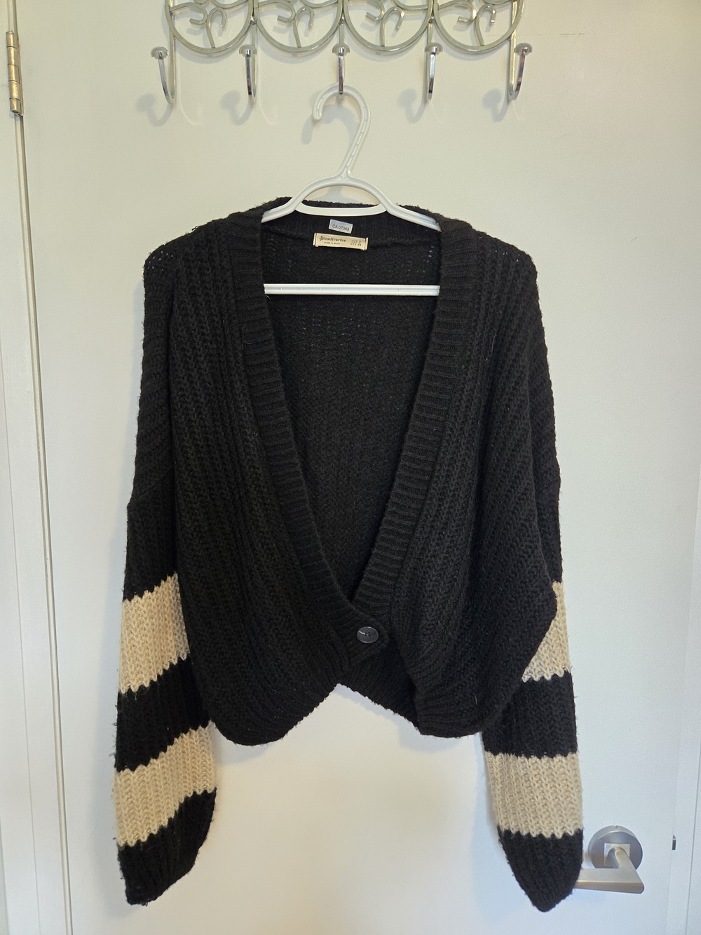 Stradivarius Black Cardigan with Cream Stripe Sleeves